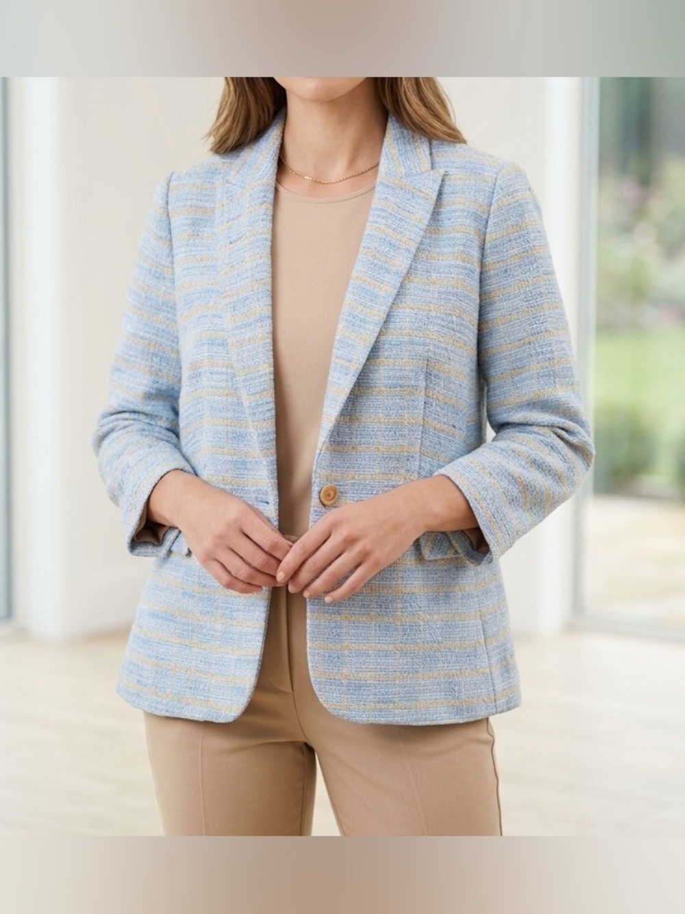 Halogen Pastel Blue Tan Brown Striped Tweed Blazer Jacket Single Button Size M